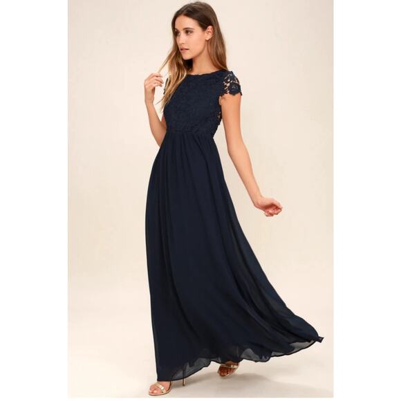 Lulus The Greatest Navy Blue Maxi Dress Open Back Chiffon Lace Size M Weddings - Picture 2 of 13